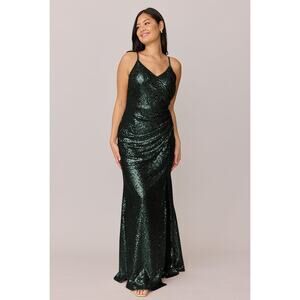 Revelry Green Sequin Dress Rory 14 V Neck Maxi Ruched Gown